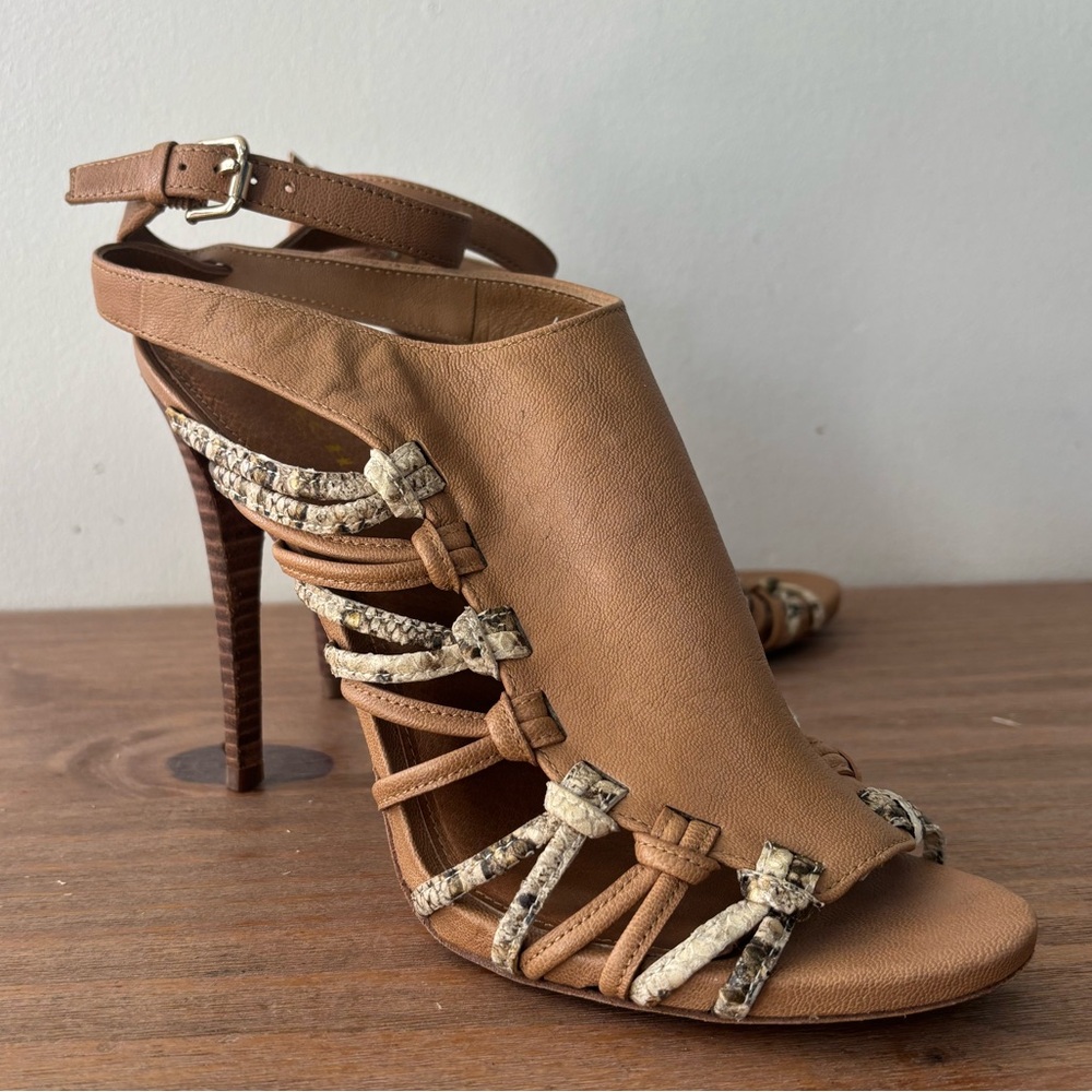 COACH Jody tan brown python snake detail leather sandal heels 8 $268 - Picture 3 of 9